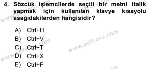 Temel Bilgi Teknolojileri Dersi 2023 - 2024 Yılı Yaz Okulu Sınavı 4. Soru