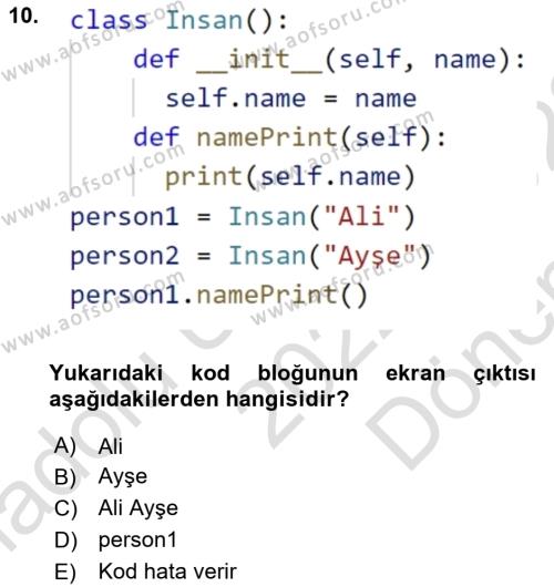 Programlama 2 Dersi 2022 - 2023 Yılı (Final) Dönem Sonu Sınavı 10. Soru