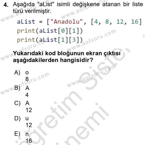 Programlama 2 Dersi 2023 - 2024 Yılı (Final) Dönem Sonu Sınavı 4. Soru