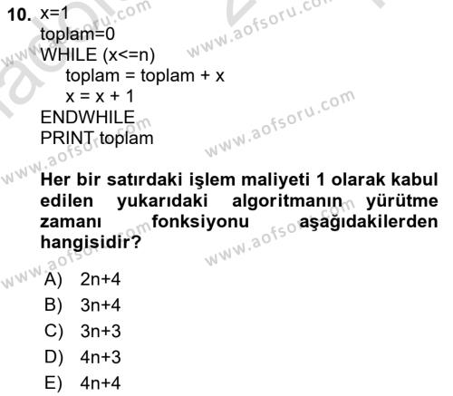 Algoritmalar Dersi 2022 - 2023 Yılı Yaz Okulu Sınavı 10. Soru