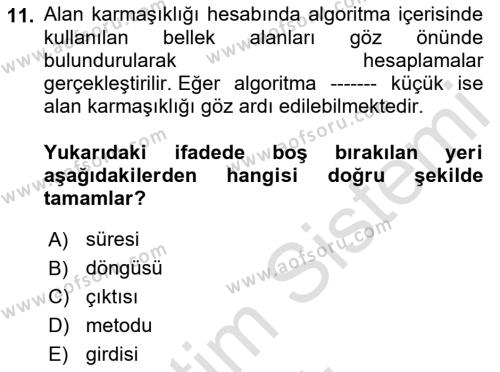 Algoritmalar Dersi 2022 - 2023 Yılı Yaz Okulu Sınavı 11. Soru