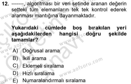 Algoritmalar Dersi 2022 - 2023 Yılı Yaz Okulu Sınavı 12. Soru