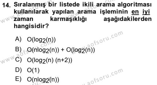 Algoritmalar Dersi 2022 - 2023 Yılı Yaz Okulu Sınavı 14. Soru