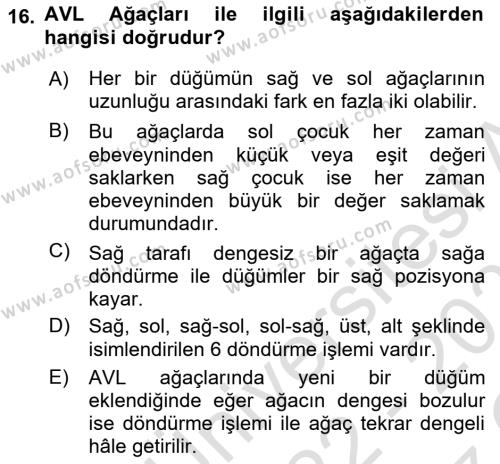 Algoritmalar Dersi 2022 - 2023 Yılı Yaz Okulu Sınavı 16. Soru