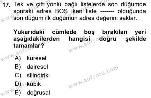 Algoritmalar Dersi 2022 - 2023 Yılı Yaz Okulu Sınavı 17. Soru