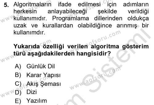 Algoritmalar Dersi 2022 - 2023 Yılı Yaz Okulu Sınavı 5. Soru