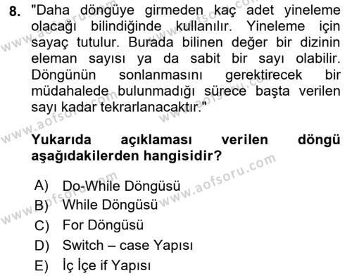 Algoritmalar Dersi 2022 - 2023 Yılı Yaz Okulu Sınavı 8. Soru