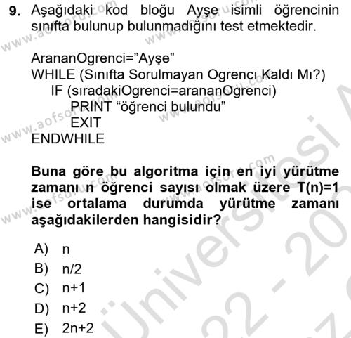 Algoritmalar Dersi 2022 - 2023 Yılı Yaz Okulu Sınavı 9. Soru