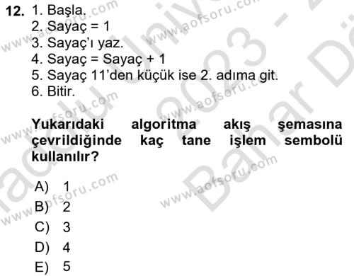 Algoritmalar Dersi 2023 - 2024 Yılı (Vize) Ara Sınavı 12. Soru