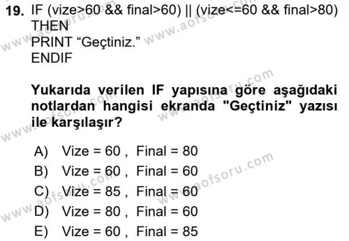 Algoritmalar Dersi 2023 - 2024 Yılı (Vize) Ara Sınavı 19. Soru