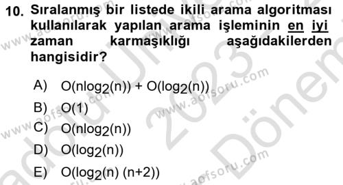 Algoritmalar Dersi 2023 - 2024 Yılı (Final) Dönem Sonu Sınavı 10. Soru