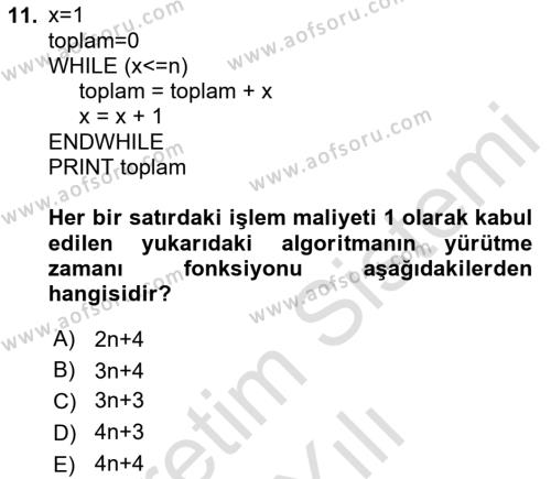 Algoritmalar Dersi 2023 - 2024 Yılı Yaz Okulu Sınavı 11. Soru