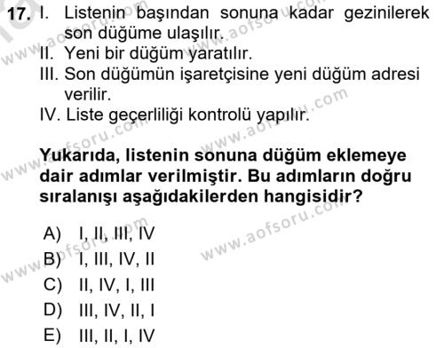 Algoritmalar Dersi 2023 - 2024 Yılı Yaz Okulu Sınavı 17. Soru