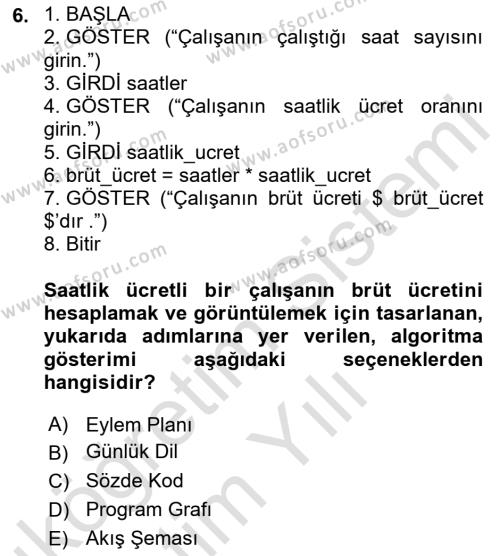 Algoritmalar Dersi 2023 - 2024 Yılı Yaz Okulu Sınavı 6. Soru