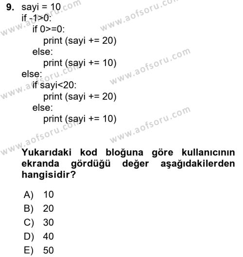 Algoritmalar Dersi 2023 - 2024 Yılı Yaz Okulu Sınavı 9. Soru