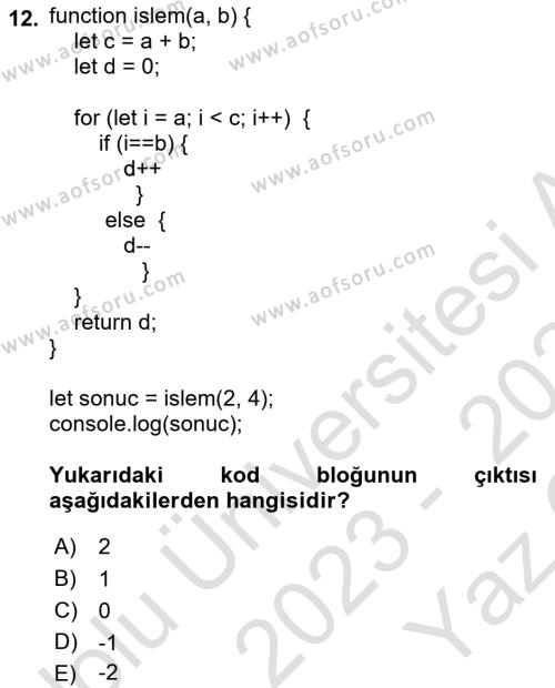 Web Arayüz Programlama Dersi 2023 - 2024 Yılı Yaz Okulu Sınavı 12. Soru