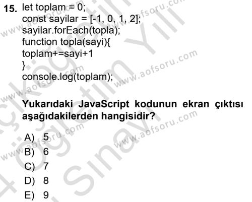 Web Arayüz Programlama Dersi 2023 - 2024 Yılı Yaz Okulu Sınavı 15. Soru