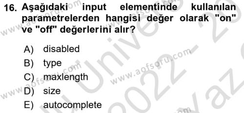 Web Sunucu Programlama Dersi 2022 - 2023 Yılı Yaz Okulu Sınavı 16. Soru