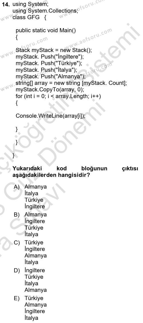 Veri Yapıları Dersi 2022 - 2023 Yılı (Vize) Ara Sınavı 14. Soru