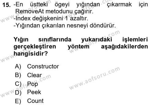 Veri Yapıları Dersi 2022 - 2023 Yılı (Vize) Ara Sınavı 15. Soru