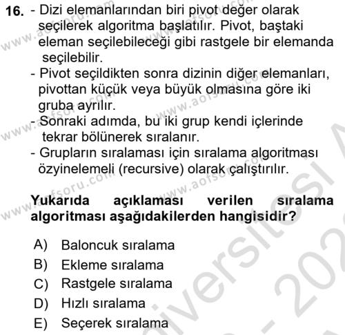 Veri Yapıları Dersi 2022 - 2023 Yılı (Vize) Ara Sınavı 16. Soru