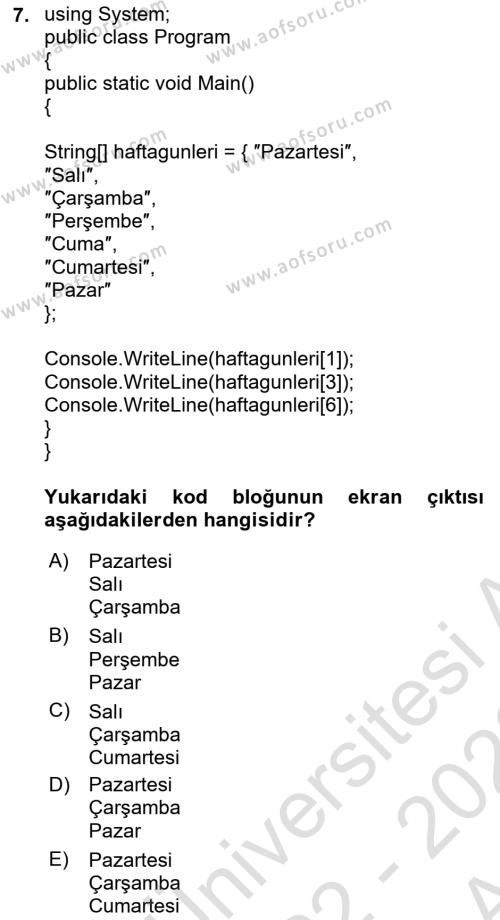 Veri Yapıları Dersi 2022 - 2023 Yılı (Vize) Ara Sınavı 7. Soru