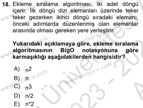 Veri Yapıları Dersi 2023 - 2024 Yılı (Vize) Ara Sınavı 18. Soru