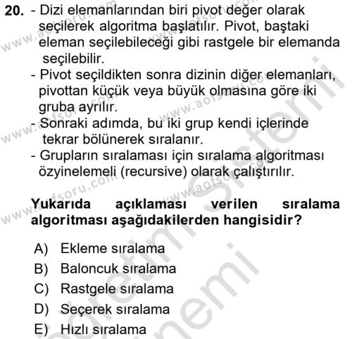 Veri Yapıları Dersi 2023 - 2024 Yılı (Vize) Ara Sınavı 20. Soru