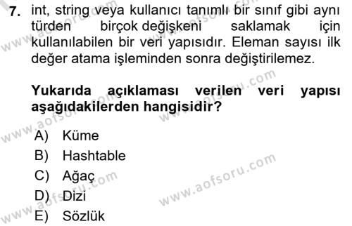 Veri Yapıları Dersi 2023 - 2024 Yılı (Vize) Ara Sınavı 7. Soru