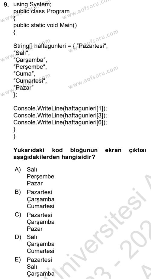 Veri Yapıları Dersi 2023 - 2024 Yılı (Vize) Ara Sınavı 9. Soru