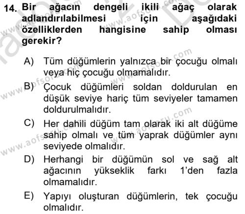 Veri Yapıları Dersi 2023 - 2024 Yılı (Final) Dönem Sonu Sınavı 14. Soru