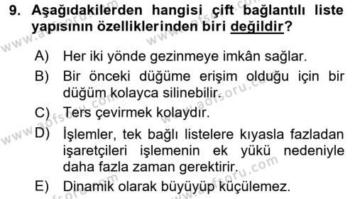 Veri Yapıları Dersi 2023 - 2024 Yılı (Final) Dönem Sonu Sınavı 9. Soru