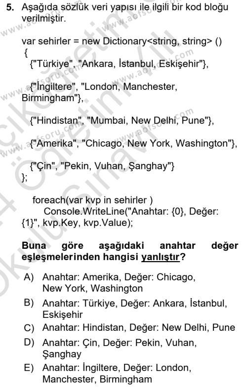 Veri Yapıları Dersi 2023 - 2024 Yılı Yaz Okulu Sınavı 5. Soru