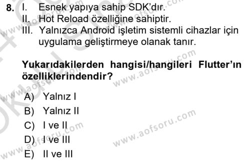 Mobil Uygulama Geliştirme Dersi 2023 - 2024 Yılı Yaz Okulu Sınavı 8. Soru