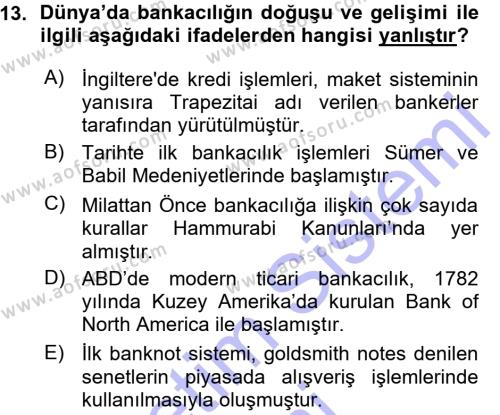 Bankacılık Ve Sigortacılığa Giriş Dersi 2015 - 2016 Yılı (Vize) Ara Sınavı 13. Soru