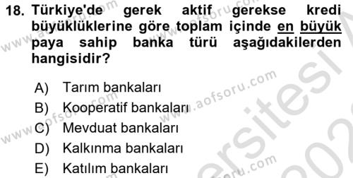 Bankacılık Ve Sigortacılığa Giriş Dersi 2022 - 2023 Yılı (Vize) Ara Sınavı 18. Soru