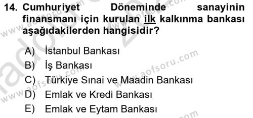 Bankacılık Ve Sigortacılığa Giriş Dersi 2023 - 2024 Yılı (Vize) Ara Sınavı 14. Soru