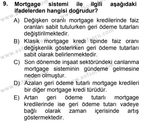 Bankalarda Kredi Yönetimi Dersi 2012 - 2013 Yılı (Final) Dönem Sonu Sınavı 9. Soru