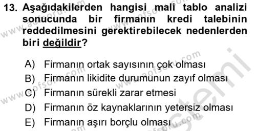 Bankalarda Kredi Yönetimi Dersi 2024 - 2025 Yılı (Vize) Ara Sınavı 13. Soru