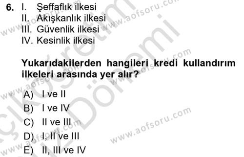 Bankalarda Kredi Yönetimi Dersi 2024 - 2025 Yılı (Vize) Ara Sınavı 6. Soru