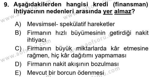 Bankalarda Kredi Yönetimi Dersi 2024 - 2025 Yılı (Vize) Ara Sınavı 9. Soru