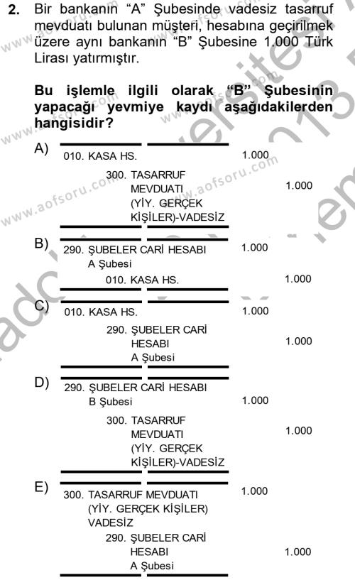 Banka Ve Sigorta Muhasebesi Dersi 2012 - 2013 Yılı (Final) Dönem Sonu Sınavı 2. Soru