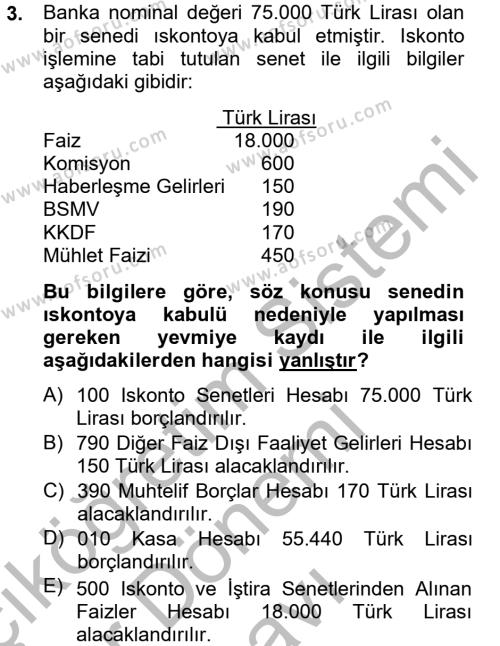 Banka Ve Sigorta Muhasebesi Dersi 2012 - 2013 Yılı (Final) Dönem Sonu Sınavı 3. Soru