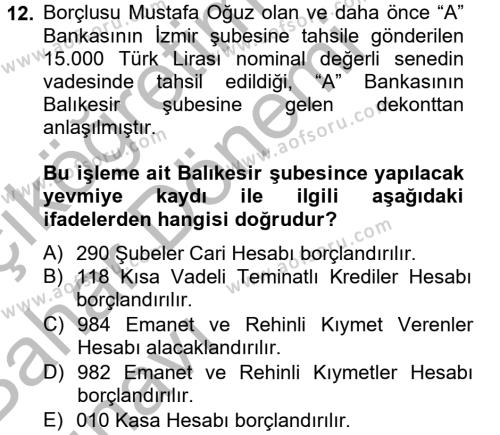 Banka Ve Sigorta Muhasebesi Dersi 2014 - 2015 Yılı (Vize) Ara Sınavı 12. Soru