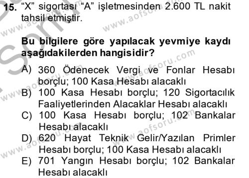 Banka Ve Sigorta Muhasebesi Dersi 2014 - 2015 Yılı (Final) Dönem Sonu Sınavı 15. Soru