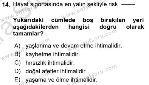 Hayat Sigortaları Ve Bireysel Emeklilik Sistemi Dersi 2024 - 2025 Yılı (Vize) Ara Sınavı 14. Soru