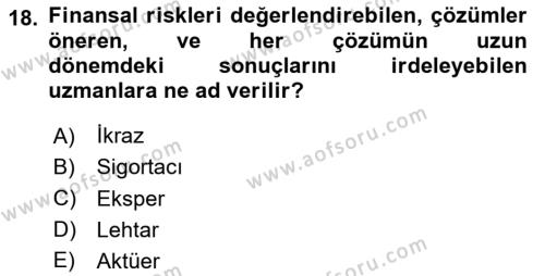 Hayat Sigortaları Ve Bireysel Emeklilik Sistemi Dersi 2024 - 2025 Yılı (Vize) Ara Sınavı 18. Soru