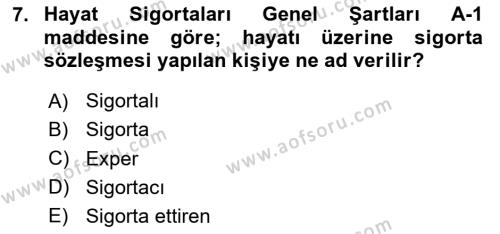 Hayat Sigortaları Ve Bireysel Emeklilik Sistemi Dersi 2024 - 2025 Yılı (Vize) Ara Sınavı 7. Soru