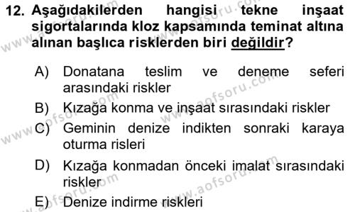 Hayat Dışı Sigortalar Dersi 2021 - 2022 Yılı (Vize) Ara Sınavı 12. Soru