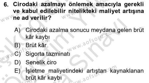 Hayat Dışı Sigortalar Dersi 2021 - 2022 Yılı (Vize) Ara Sınavı 6. Soru